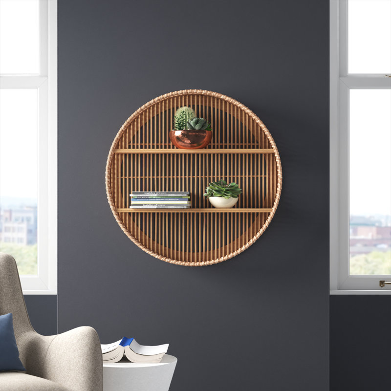 Neutral Coastal Bamboo Circular Wall Shelf Natural Finish Rustic and Decorative Storage Solution